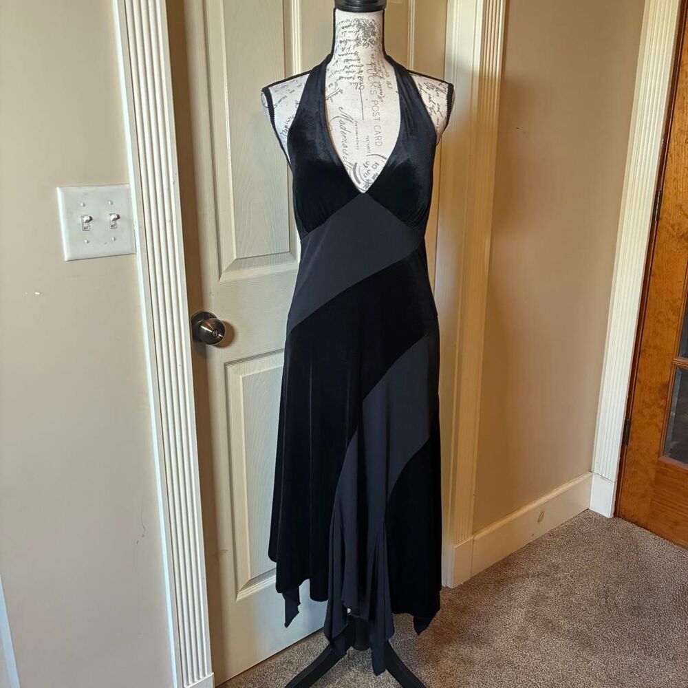 AB Studio Vtg 90s Y2K Whimsigoth Velvet Flowy Halter Midi Dress